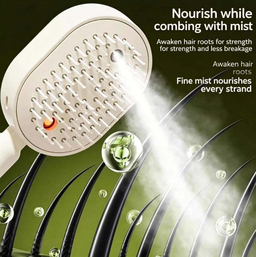 Close-up of fine mist spraying from the brush head onto hair