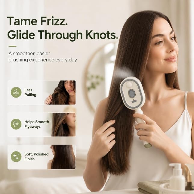 Woman brushing long, smooth hair as the brush releases a fine mist