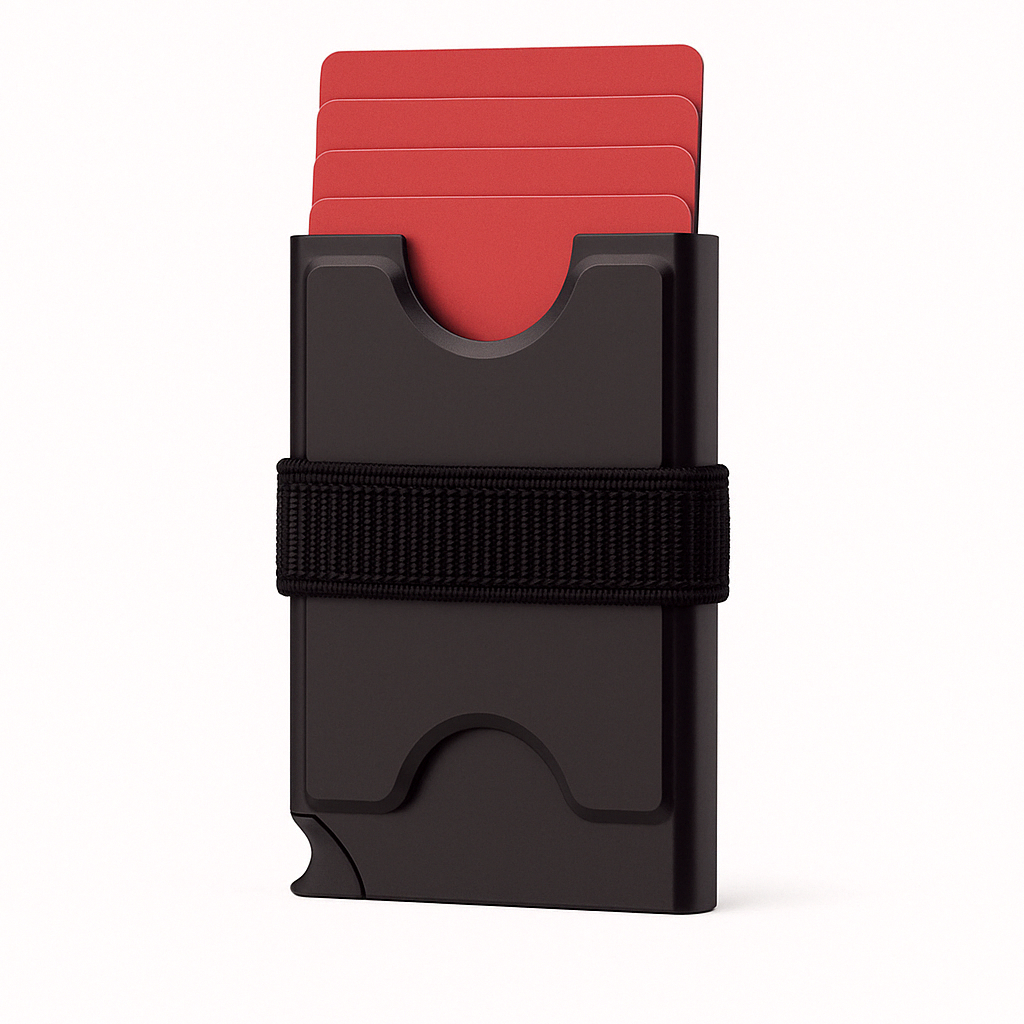 Black RFID pop-up wallet with red cards fanned out