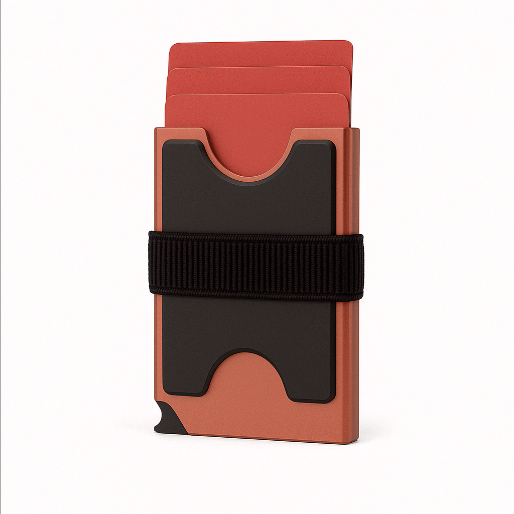 Copper RFID pop-up wallet showing the outer grip cutouts