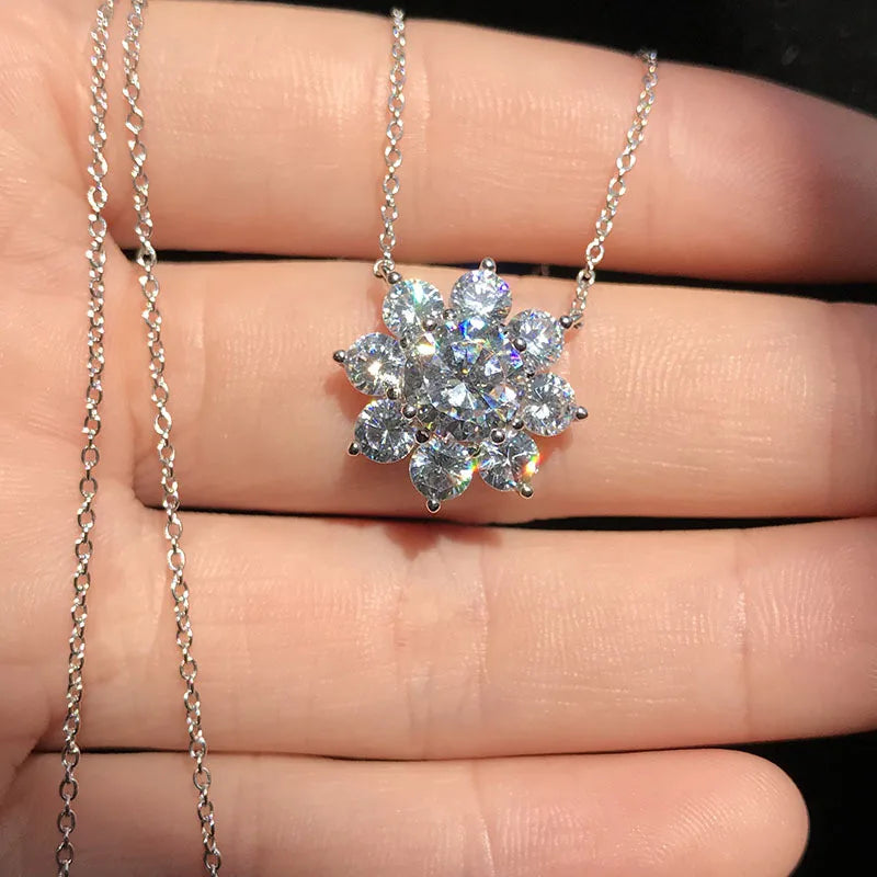 Natural Moissanite Flower Pendant Necklace 925 Sterling Silver Pave AAAAA Cz Choker Statement Necklace Women Bridal Jewelry