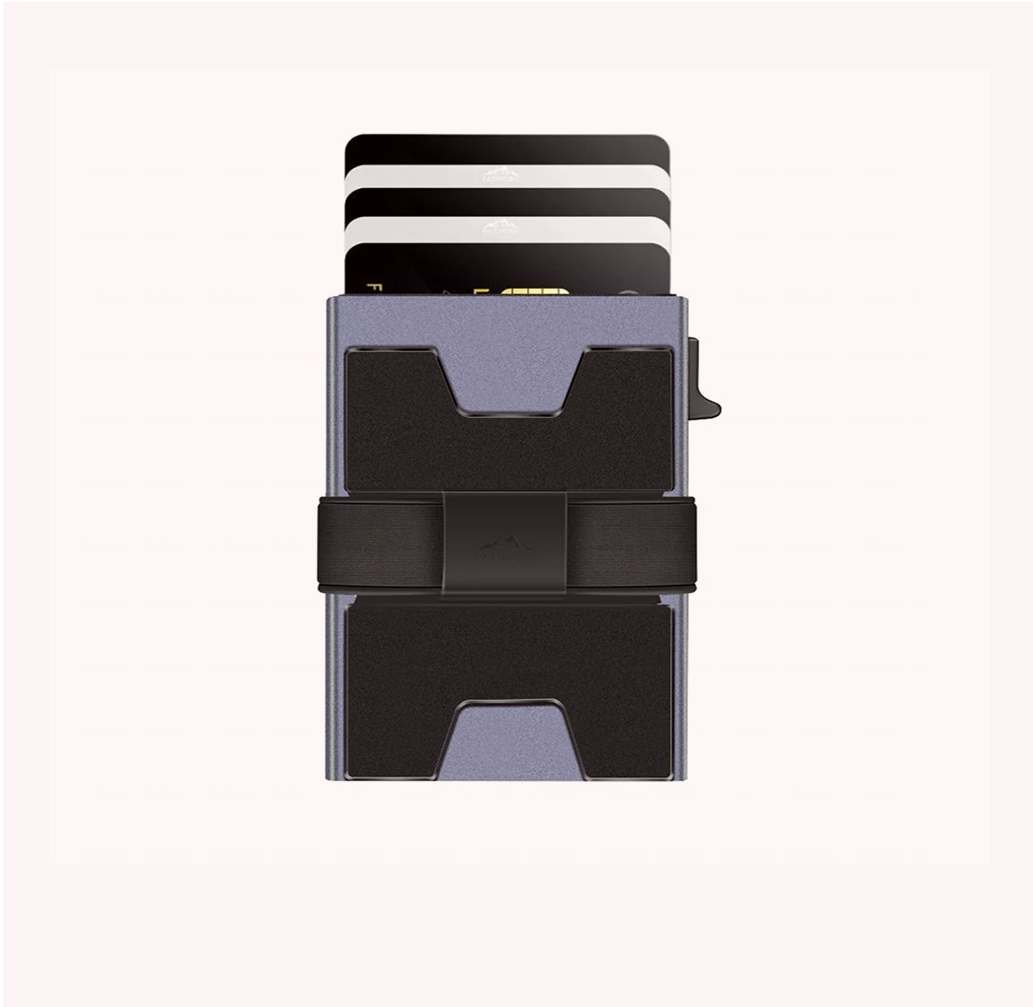 Slate gray RFID pop-up wallet with cards fanned out