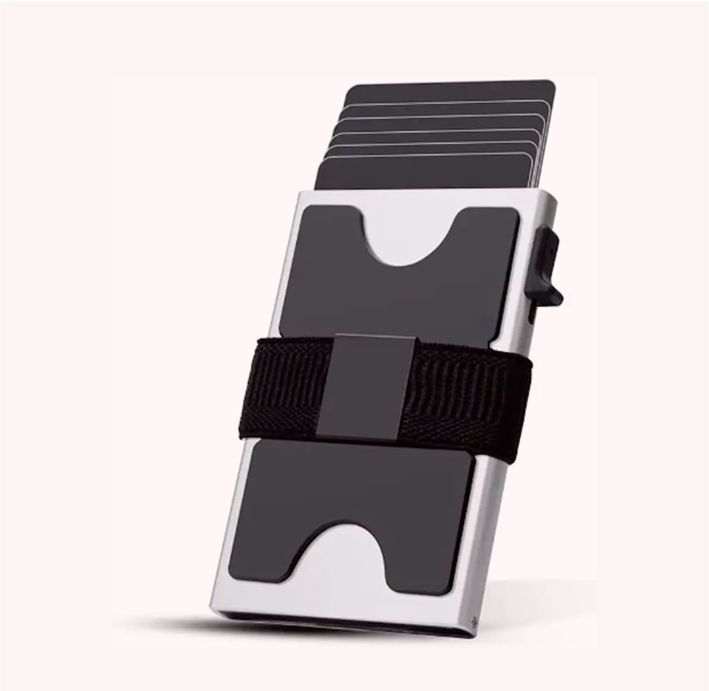 Silver aluminum RFID pop-up wallet with elastic cash band