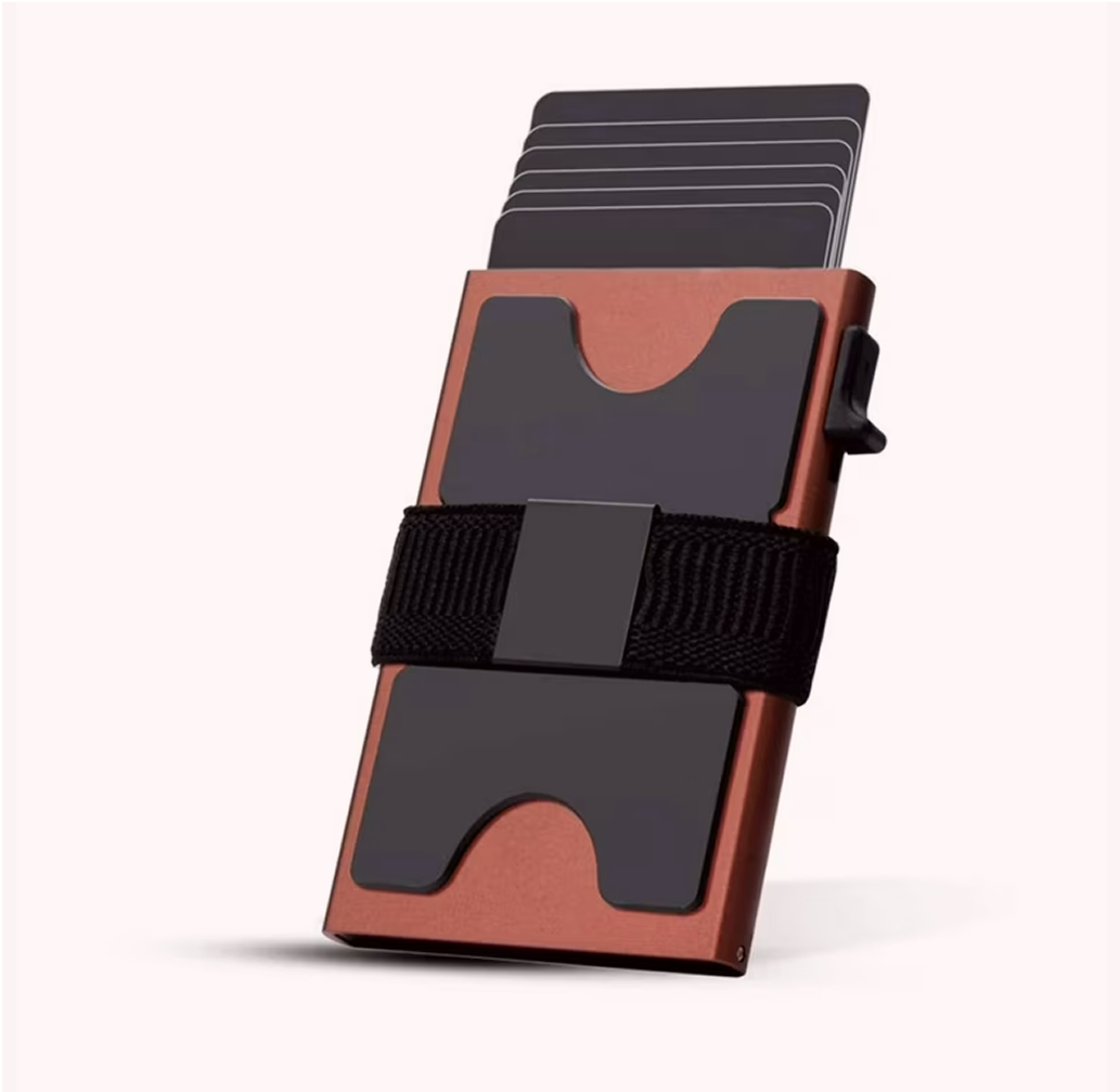 Copper RFID pop-up wallet with cards fanned out of the top