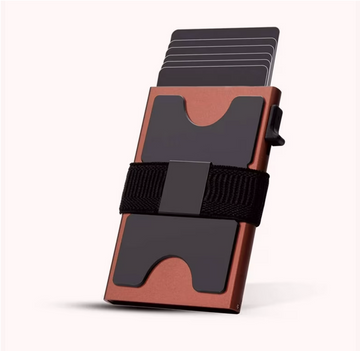 Copper RFID pop-up wallet with cards fanned out of the top