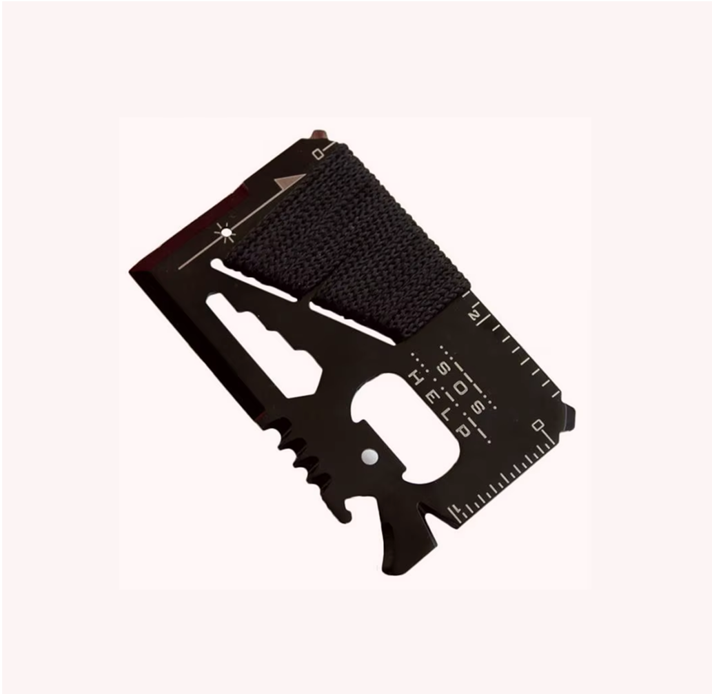 Black stainless-steel credit-card multitool with paracord wrap