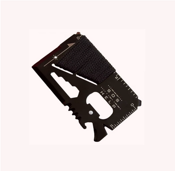 Black stainless-steel credit-card multitool with paracord wrap