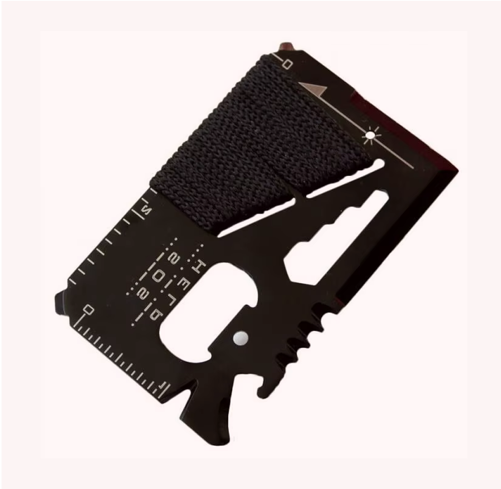 Back of the credit-card multitool showing ruler and Morse code engraving