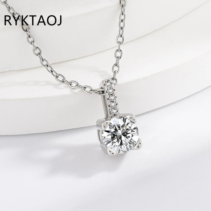 925 Sterling Silver Round Moissanite Pendant Necklace for Women 4‑Prong Setting Sparkling Diamond Neck Chain Fine Jewelry Gift