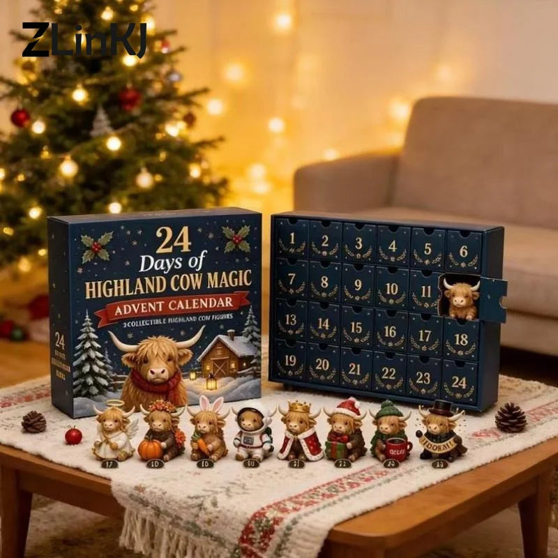 2026 Highland Cow Magic Advent Calendar Xmas 24‑day Countdown Box For Home Desk Decor Party Holiday Gift