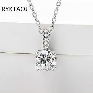 925 Sterling Silver Round Moissanite Pendant Necklace for Women 4‑Prong Setting Sparkling Diamond Neck Chain Fine Jewelry Gift
