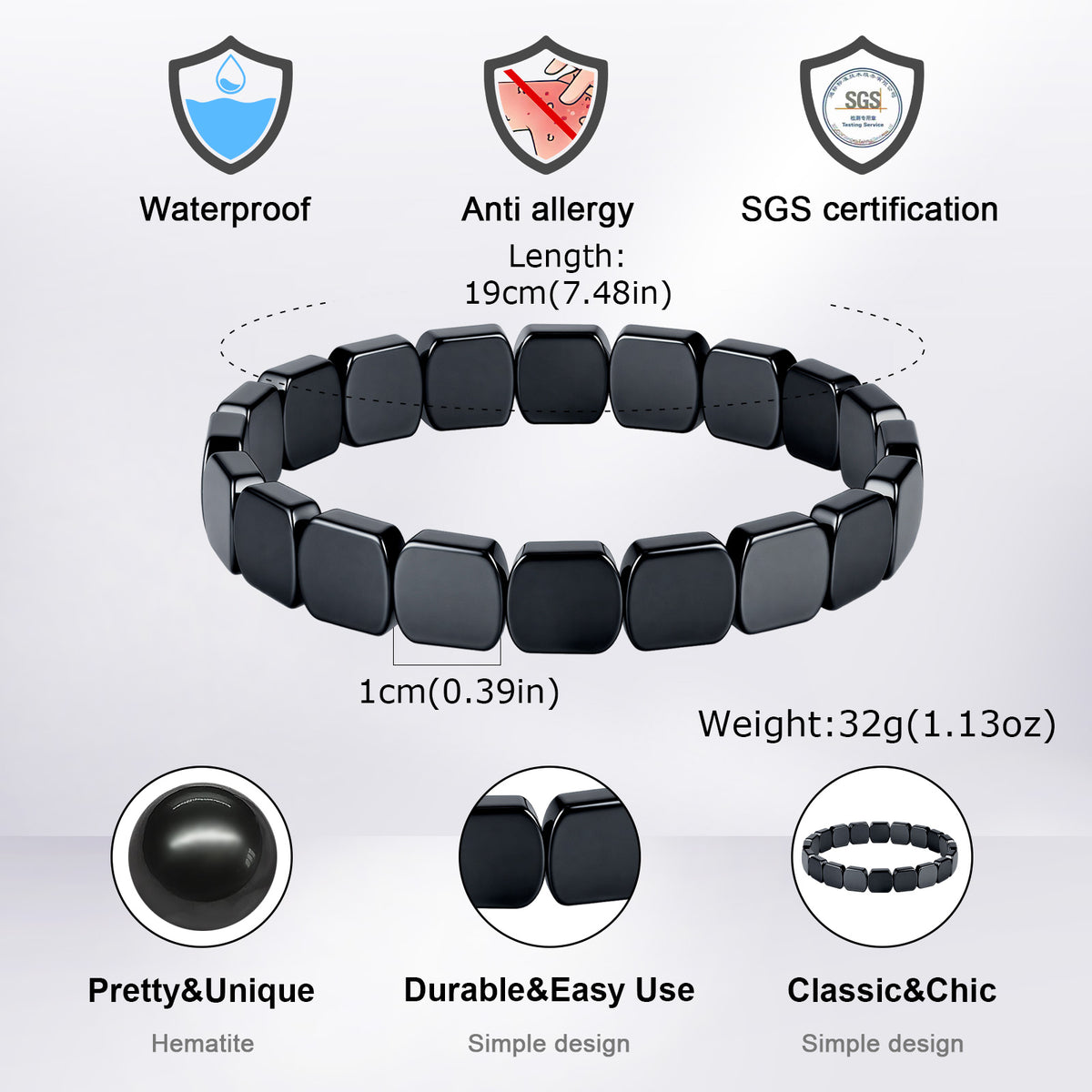 Black beaded bracelet with certification logos and product features on a white background