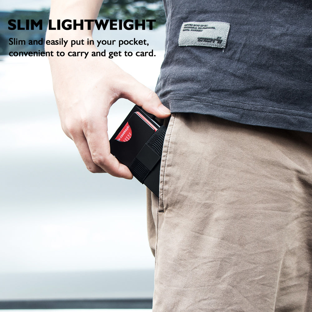 Slim wallet being slipped into a front pocket
