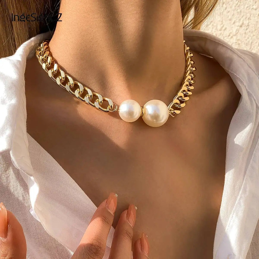 Lacteo Retro Gold Color Chunky Metal Short Chain Necklace Women Punk Inlay Big Round Imitation Pearl Clavicle Chains Jewelry