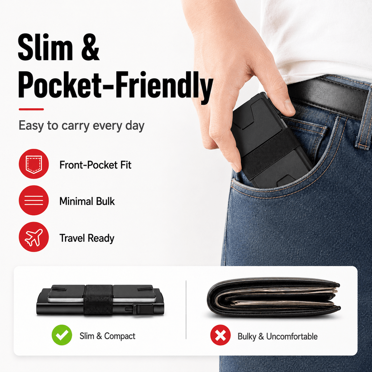 Slim and pocket-friendly infographic comparing the wallet with a bulky leather wallet