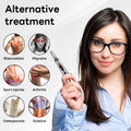 Woman holding a medical device with alternative treatment options for various conditions on a white background