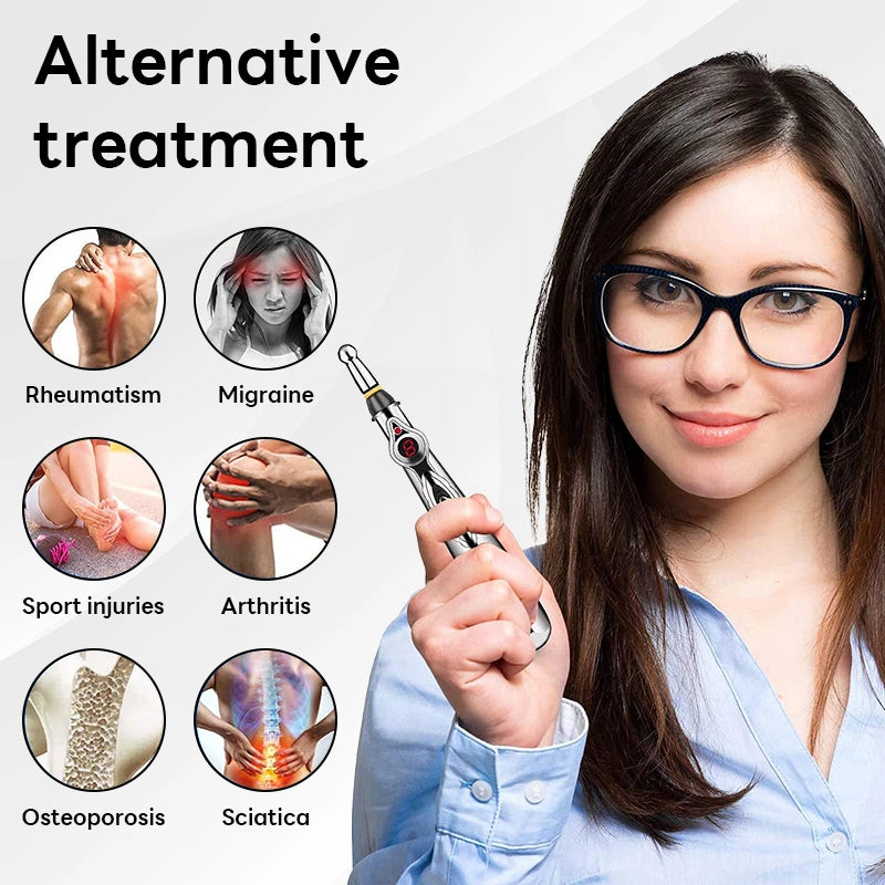 Woman holding a medical device with alternative treatment options for various conditions on a white background