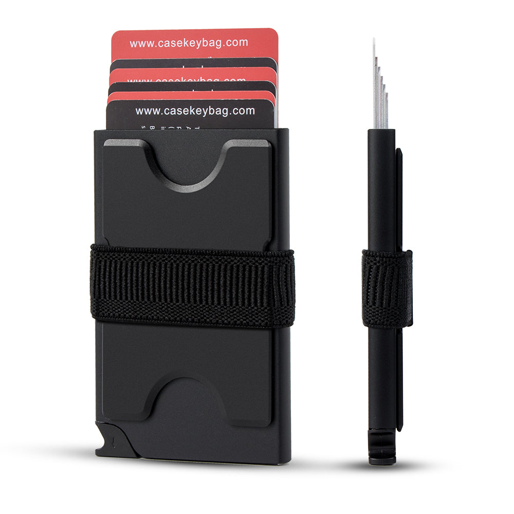 Black pop-up wallet shown from the front and side