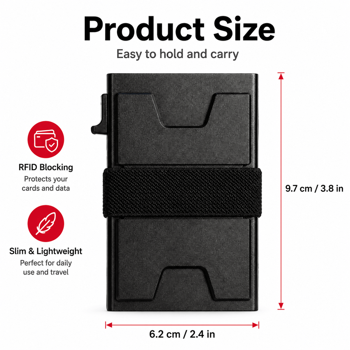 Product size infographic: 9.7 by 6.2 centimetres