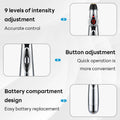 Feature callout graphic for a handheld beauty device, showing three inset product views with text describing 9 levels of intensity adjustment, button adjustment, and battery compartment design.