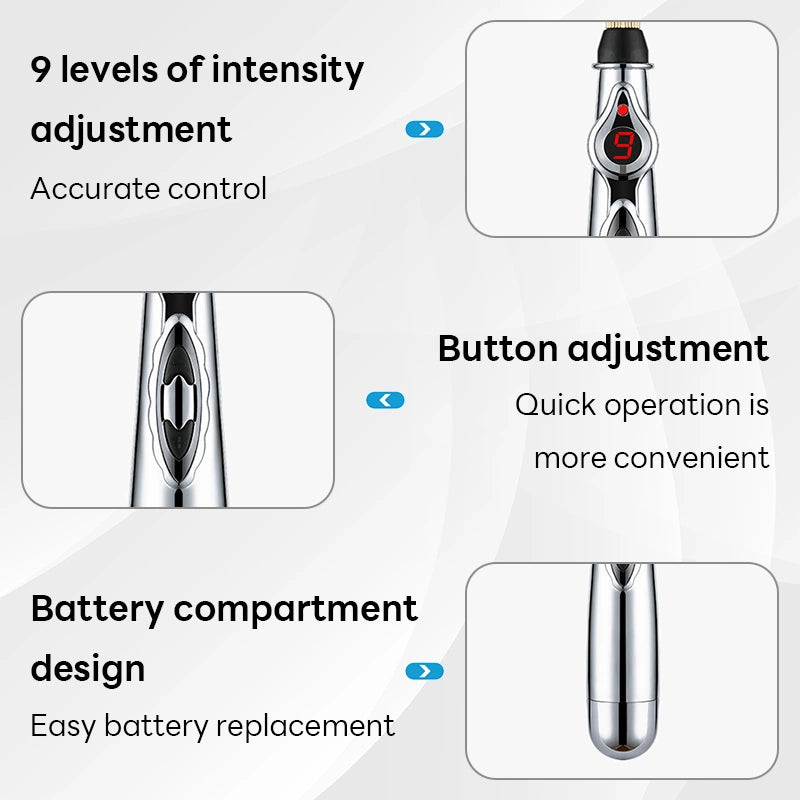 Feature callout graphic for a handheld beauty device, showing three inset product views with text describing 9 levels of intensity adjustment, button adjustment, and battery compartment design.