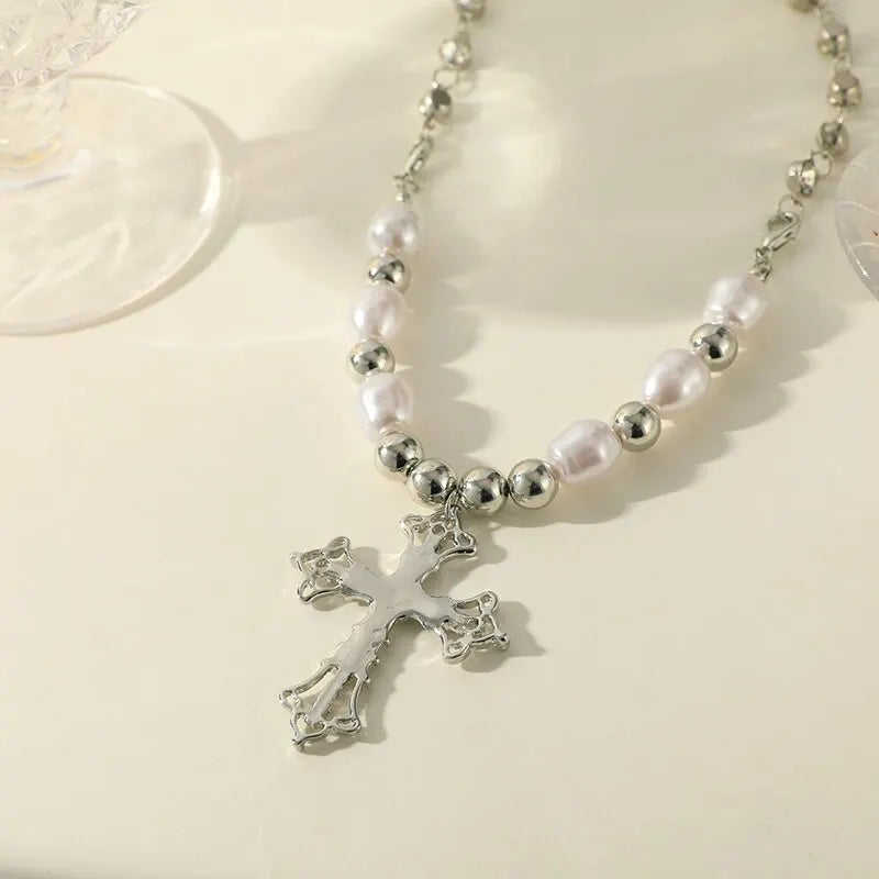 1pcs Faux White Gold-color Necklace Hip Hop Punk Cross Pendant Handmade Wear Faux Pearls Colla