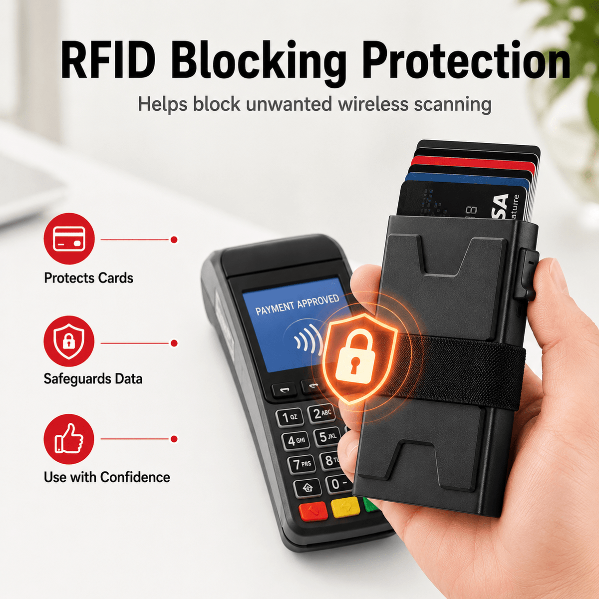 RFID blocking protection infographic with a payment terminal