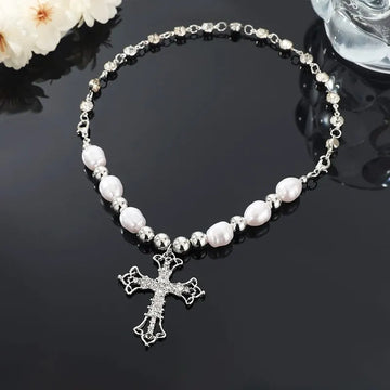 1pcs Faux White Gold-color Necklace Hip Hop Punk Cross Pendant Handmade Wear Faux Pearls Colla