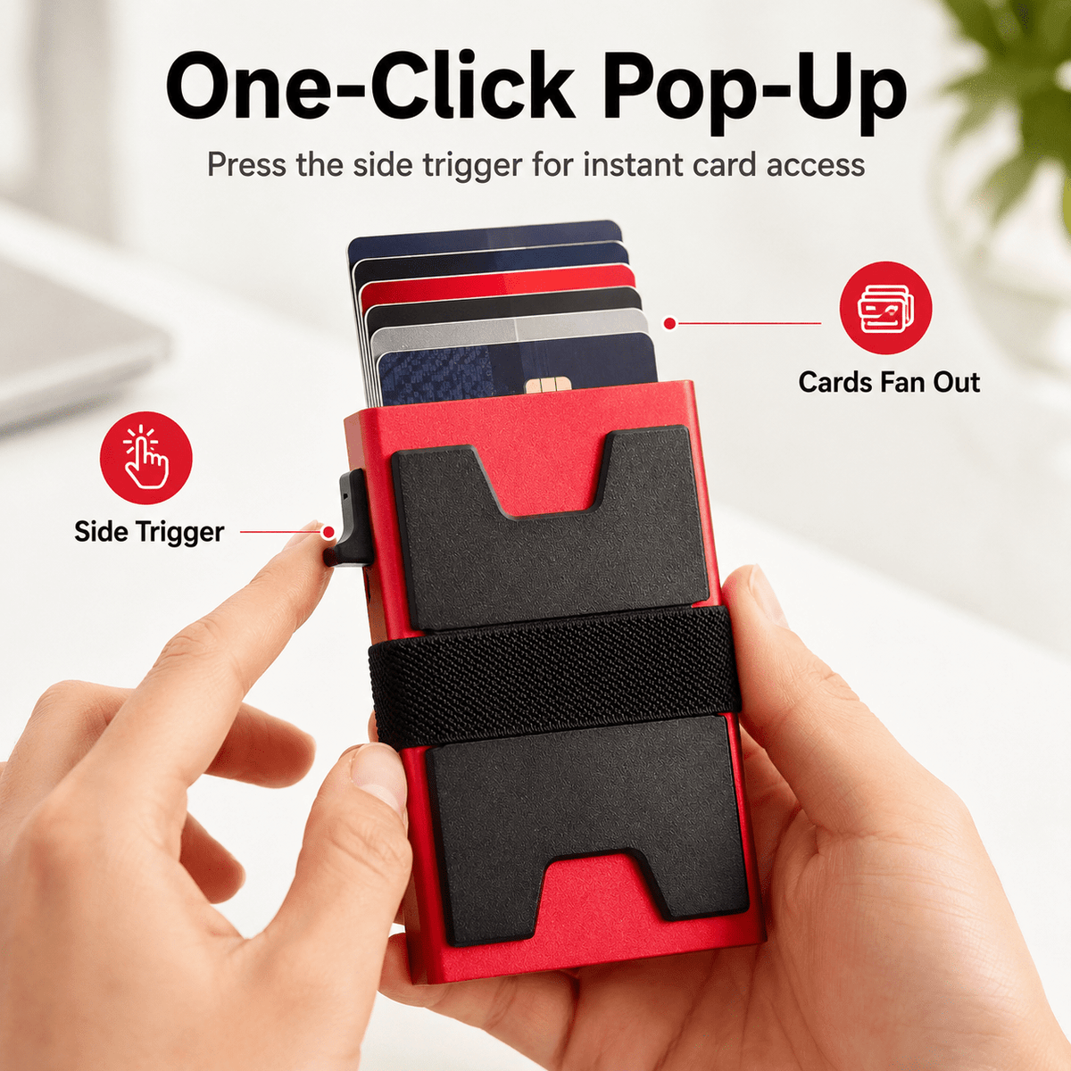 One-click pop-up infographic: press the side trigger to fan the cards out