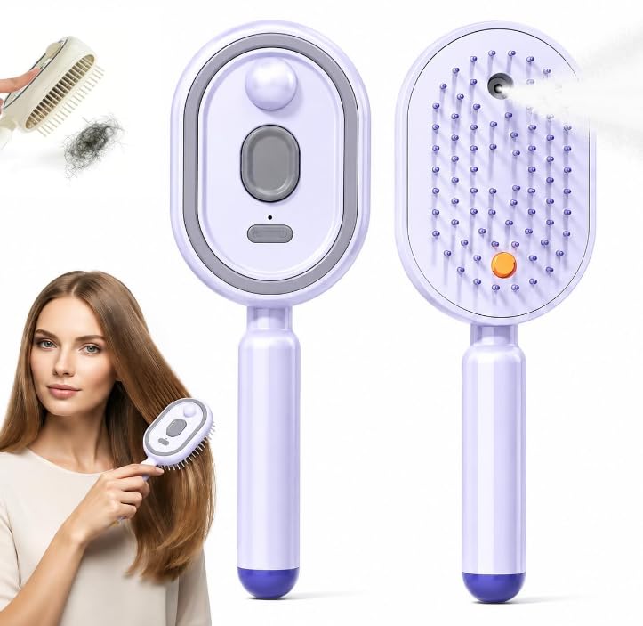 Elecspray Hair Brush in beige, front and bristle side, with a woman brushing her hair
