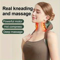 Neck massager worn on the shoulders while working at a laptop