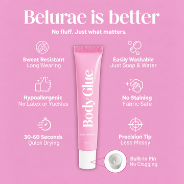 Belurae Body Adhesive - Sweat & Water Resistant, Stain-Free, Easy to Remove with Soap and Water, Perfect for Confidence and Security in Outfits