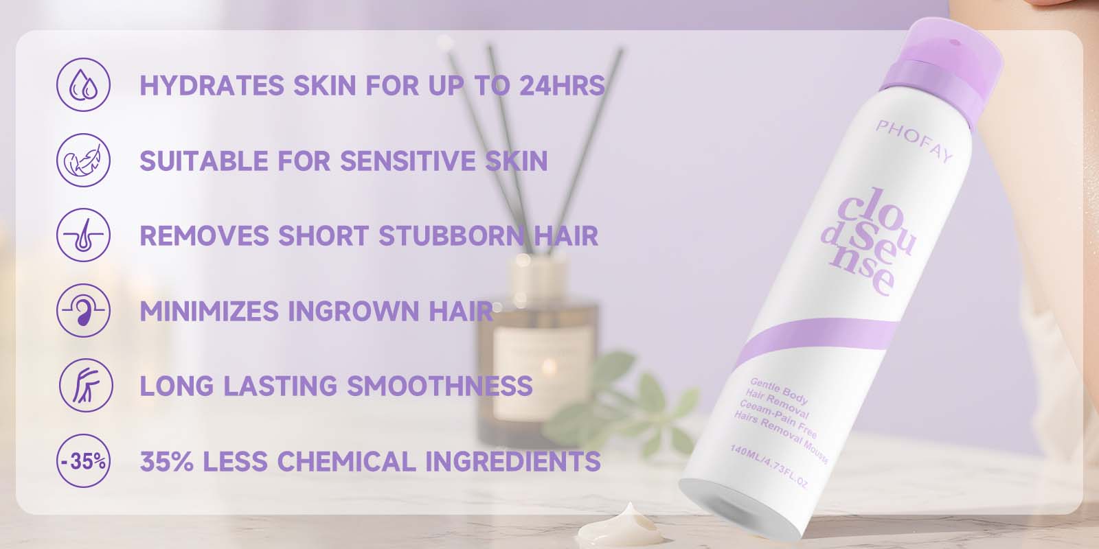 Six benefits: hydrates 24hrs, sensitive skin, stubborn hair, ingrown hair, smoothness, fewer chemicals
