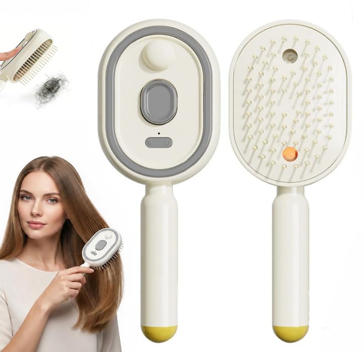 Elecspray Hair Brush in beige, front and bristle side, with a woman brushing her hair