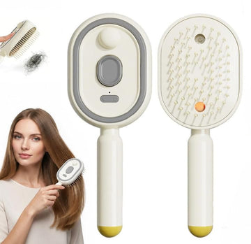 Elecspray Hair Brush in beige, front and bristle side, with a woman brushing her hair