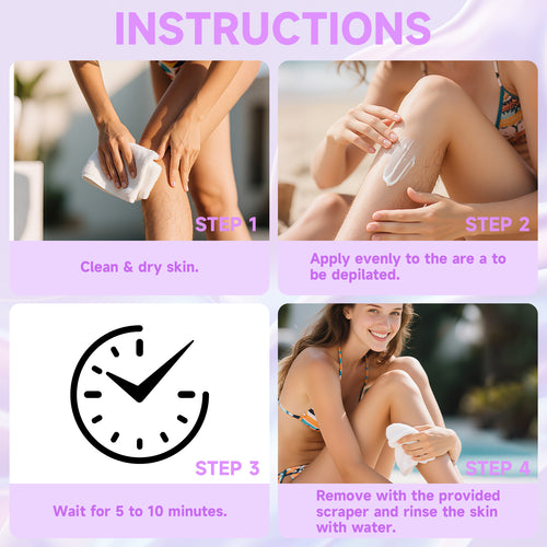 Four-step instructions: clean, apply, wait 5 to 10 minutes, scrape and rinse