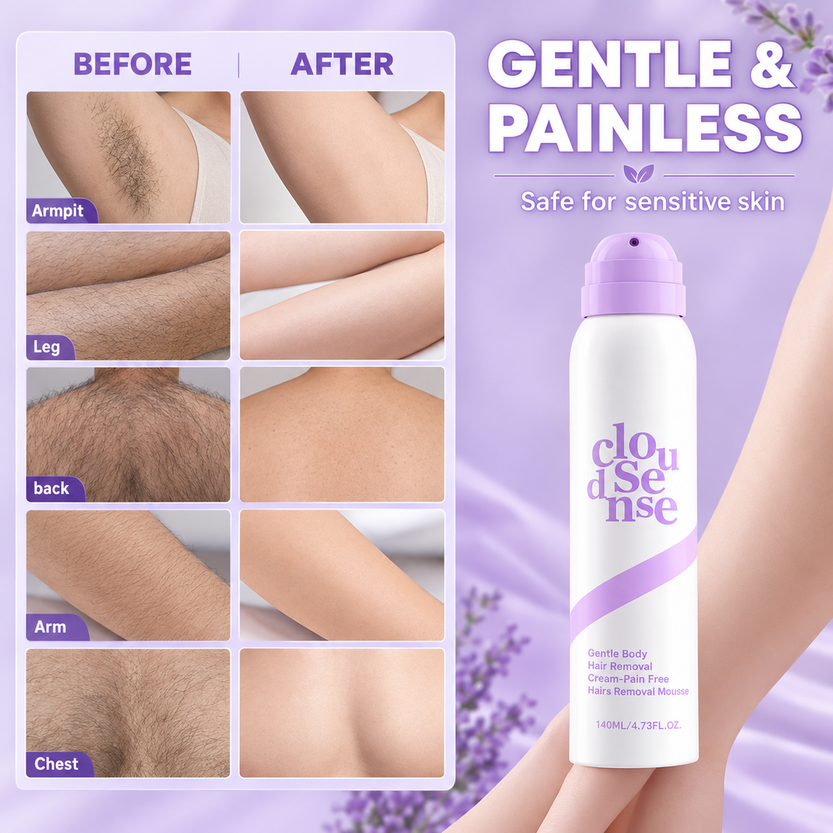 Bikini Pain-Free Hair Removal Mousse for Sensitive Skin, Citrus Scent, Aloe for Anti-bacterial, Moisturizing, and Soothing Care, Unisex